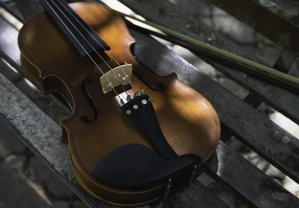 Violin Bow Put Old Rust Bench Park Acoustic Instrument — Φωτογραφία Αρχείου