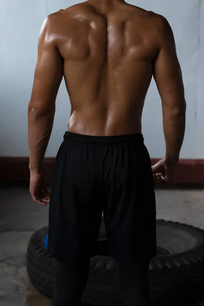 Back Side Young Man Showing Fit Firm Muscle Exercise Drenched — Stock Fotó