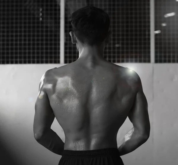 Back Side Young Man Showing Fit Firm Muscle Exercise Drenched — 스톡 사진