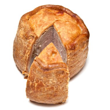 Melton mowbray domuz pie bir arka planda beyaz stüdyo izole.