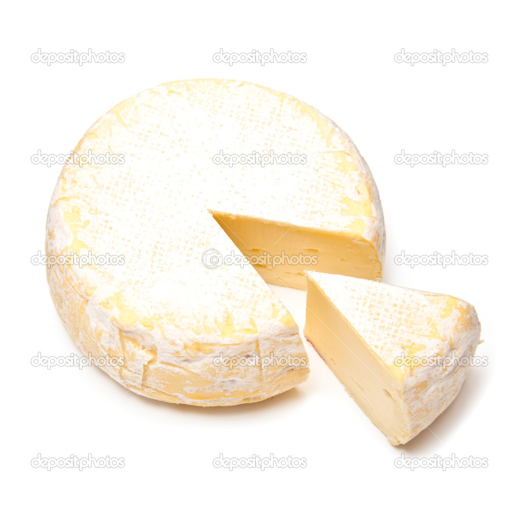 Petit Reblochon cheese isolated on a white studio background.
