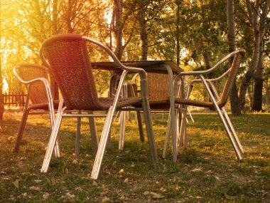 Sandalyeler ve masalar kapalı bir doğa kafesinde duruyor. Yüksek kalite fotoğraf