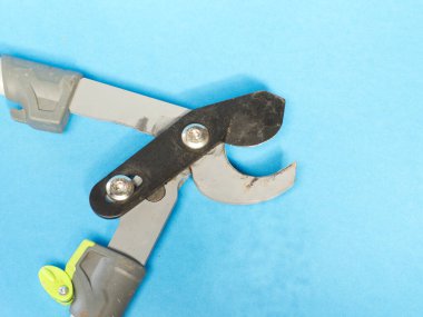 Mavi izole masada yeni budama makası. Yüksek kalite fotoğraf