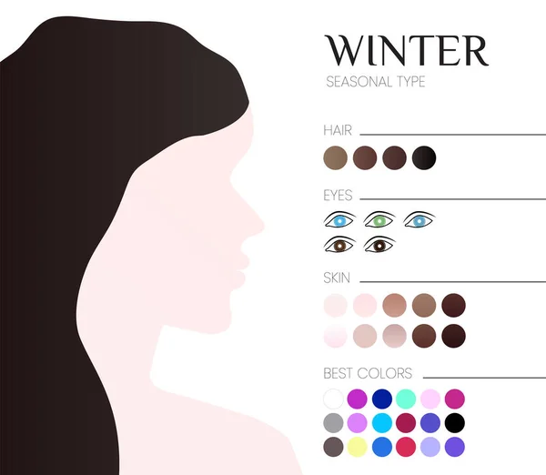 Análisis Color Estacional Para Tipo Invierno Ilustración Con Mujer — Vector de stock