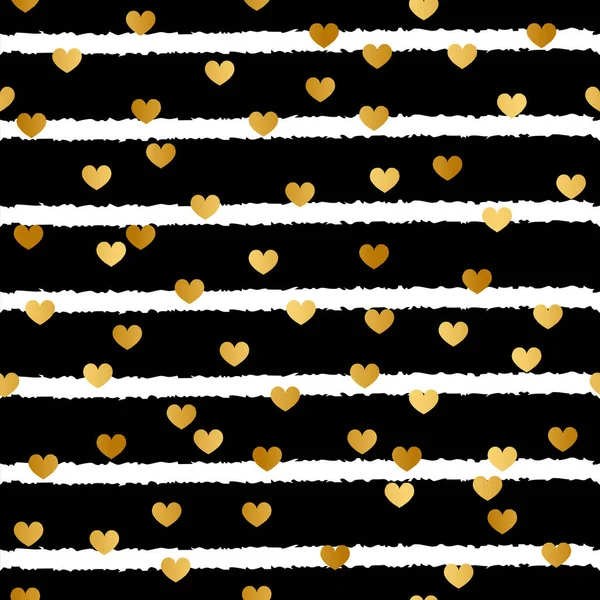 Diseño Patrón Corazón Oro Sobre Fondo Negro Con Rayas Blancas — Vector de stock