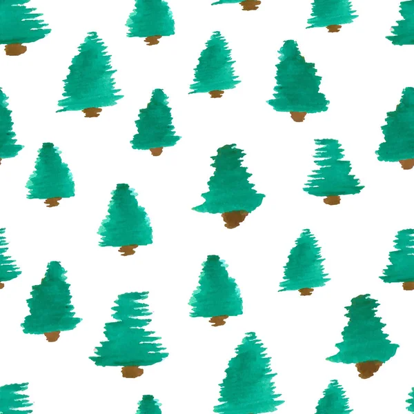 Beyaz Arkaplanda Suluboya Çam Ağacı Kusursuz Desen Tasarımı — Stok Vektör