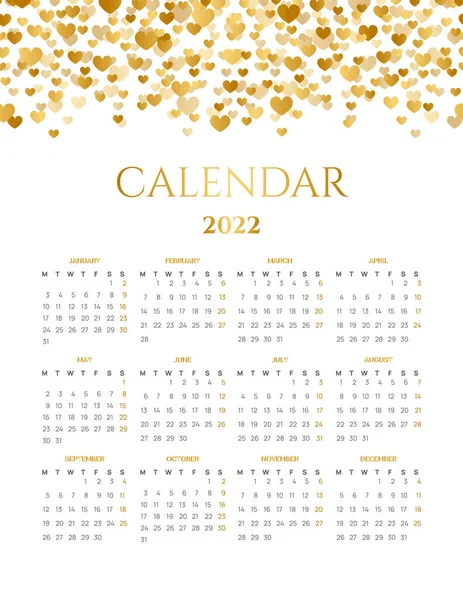 Goud Hart 2022 Kalender Ontwerp — Stockvector