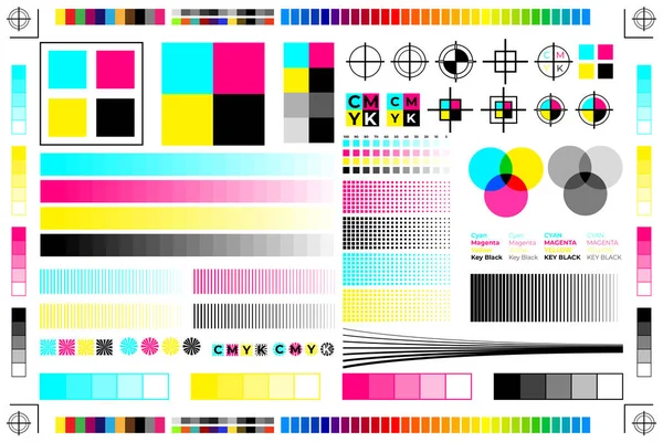 Cmyk Druckkalibrierung Illustration Mit Offsetdruckmarken Und Farbtest — Stockvektor