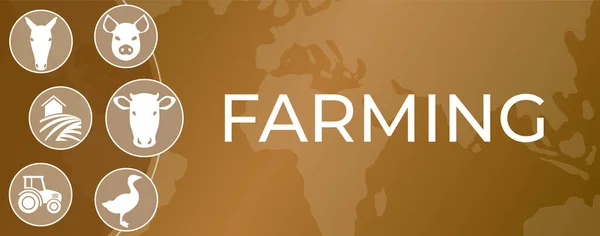 Brown Farming Banner Ilustracja Ikonami Zwierząt Łąki — Wektor stockowy