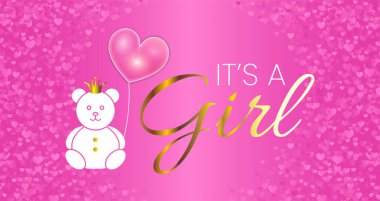 Bebek Duşu Davetiyesi Tasarımı. Pembe Parlak Ayı, Balon ve Altın Madalyalı Kız Vektör İllüzyonu.