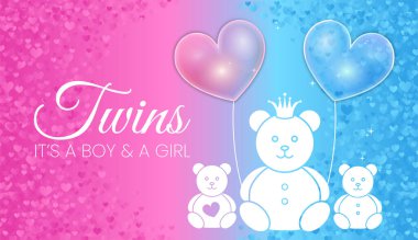İkizler Bebek Duşu Davetiye Tasarımı. Blue and Pink It 's a Girl and a Boy Vector Illustration with Bears and Heart Balons 