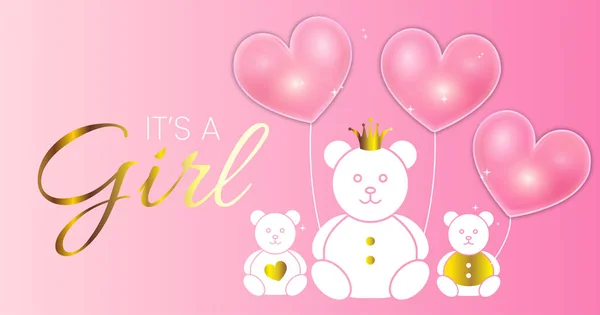 Diseño Invitación Ducha Bebé Pink Girl Vector Illustration Gold Bears — Vector de stock