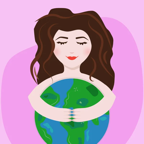 Chica Sosteniendo Planeta Tierra Con Las Manos Mujer Abrazar Globo — Vector de stock