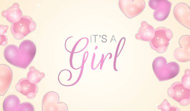 Açık Sarı. Pembe Ayıcıklı ve Kalpli Bebek Duşu Afişi Arkaplan Fotoğrafı.