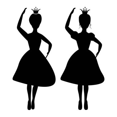 Isolated Dancing Princess and Queen Silhouette Set on White Background. Fairy Tale Illustration Design. 