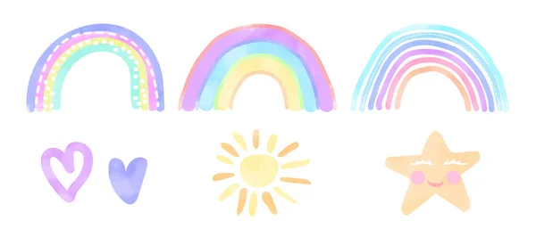 Acuarela Para Niños Arco Iris Sol Estrella Corazón Pastel Dibujado — Vector de stock