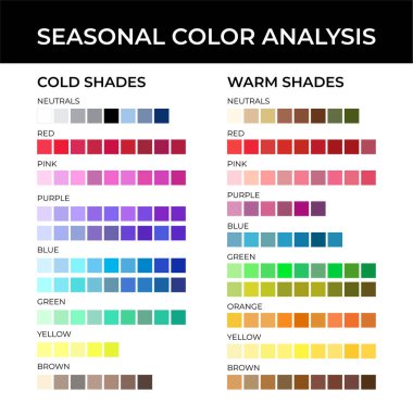 Seasonal Color Analysis Color Palette with Cold and Warm Shades, Neutrals, Red, Pink, Purple, Blue, Green, Orange, Yellow and Brown Color Swatches clipart