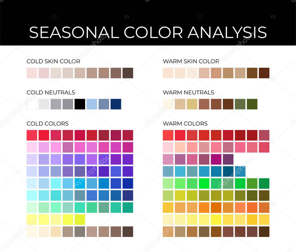 Seasonal Color Analysis Palette with Cold and Warm Color Swatches, Neutrals, Skin Shades