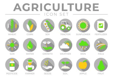 Gray and Color Agriculture Round Icon Set of Wheat, Corn, Soy, Tractor, Sunflower, Fertilizer, Sun, Water, Growth, Weather, Rain, Fields, Pesticide, Farmer Seeds, Soil, Apple, Fruit Icons.