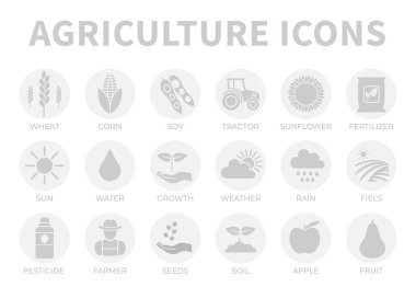Light Grey Agriculture Round Icon Set of Wheat, Corn, Soy, Tractor, Sunflower, Fertilizer, Sun, Water, Growth, Weather, Rain, Fields, Pesticide, Farmer Seeds, Soil, Apple, Fruit Icons.