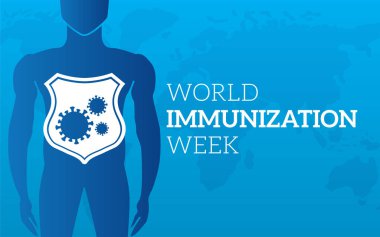World Immunization Week Blue Vector Illustration Banner with a Man and Shield