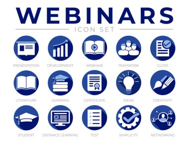 Yuvarlak Mavi Giysi Simgesi Seti. Sunum, Geliştirme, Webinars, Ağ, Takım Çalışması, Rehber, Edebiyat, Öğrenim, Sertifika, Fikirler, Yaratıcılık, Uzaklık Öğrenme, Sınav, Basitlik Simgeleri.