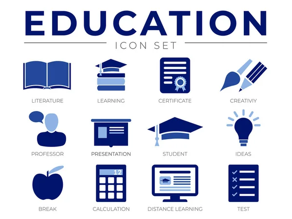 Onderwijs School Icoon Set Literatuur Learning Certificaat Creativiteit Hoogleraar Presentatie — Stockvector