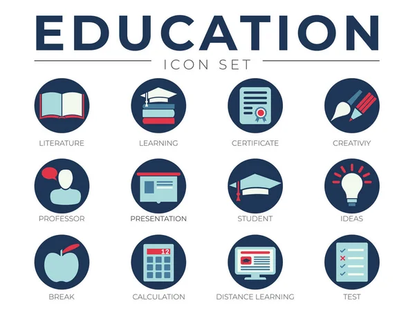 Flat Education School Icon Set Literatuur Leren Certificaat Creativiteit Presentatie — Stockvector