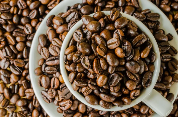 Kaffebönor på cup — Stockfoto
