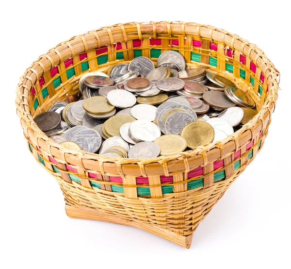 Coin in bowl on white background — Stock Photo, Image