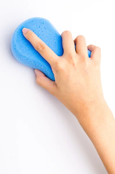 Hand holding sponge on isolated white background — Stock Photo, Image