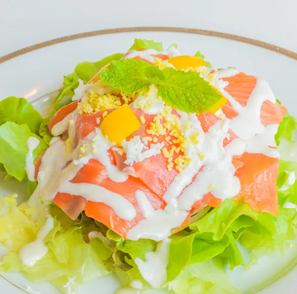 Salade zalm in witte schotel — Stockfoto