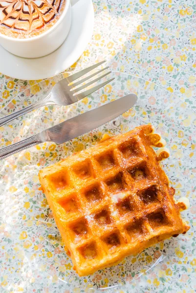 Top of view waffle and coffee — Stock Photo, Image