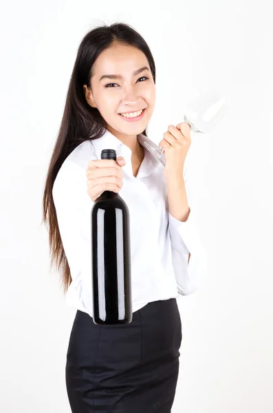Woman and wine bottle — Stock Photo, Image