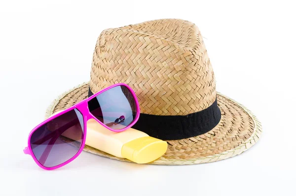 Chapeau, lunettes de soleil, lotion corporelle — Photo