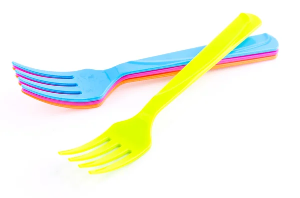 Color spoon, fork and dish — Stock Photo, Image