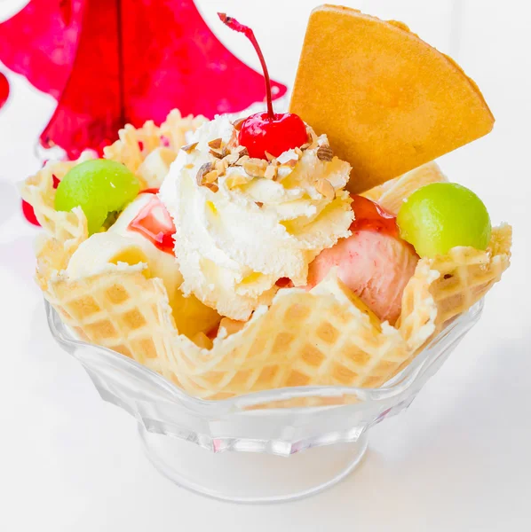 Waffle icecream and cherry — Stock Photo, Image