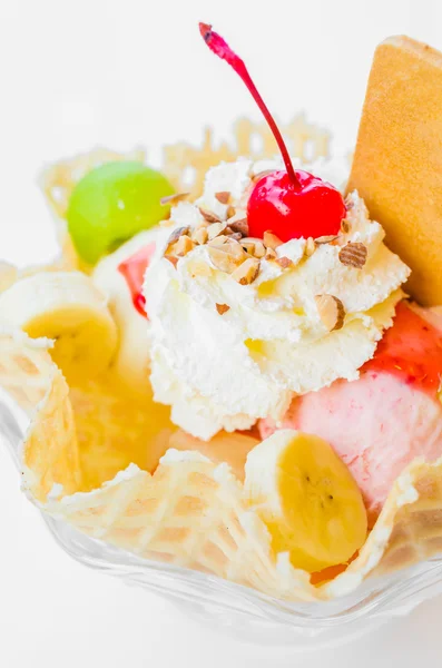 Waffle icecream and cherry — Stock Photo, Image