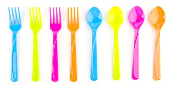 Color spoon fork dish plastic isolated white background — Stock Photo, Image