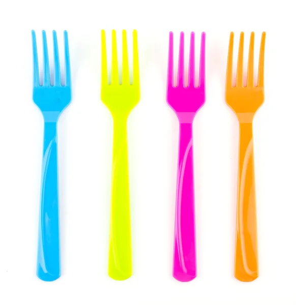 Color spoon fork dish plastic isolated white background — Stock Photo, Image