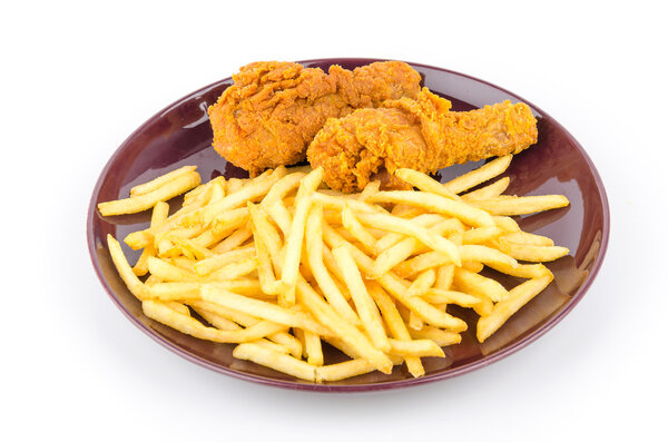 French fries and fried chicken isolated white background
