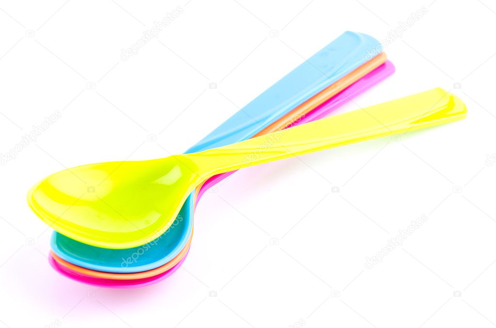 color spoon fork dish plastic isolated white background