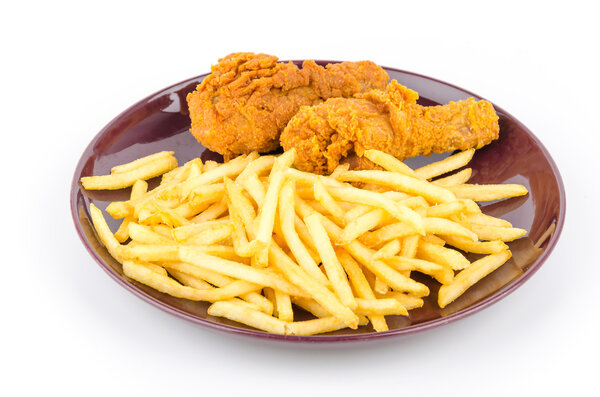 French fries and fried chicken isolated white background