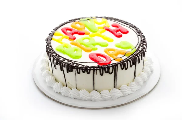 Zadowolony urodziny tort na białym tle — Zdjęcie stockowe