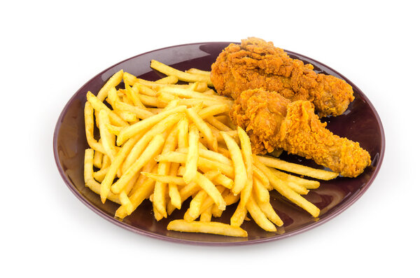 French fries and fried chicken isolated white background