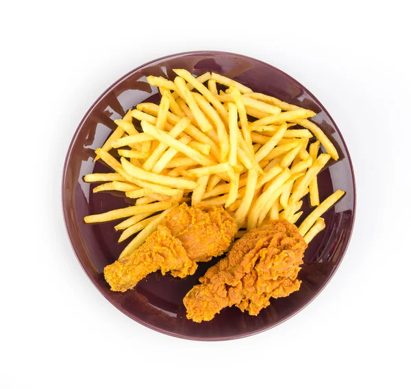 French fries and fried chicken isolated white background — Stock Photo, Image