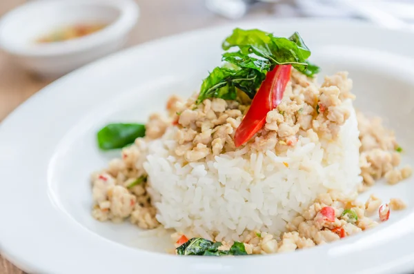 Ayam goreng pedas dengan kemangi dan nasi — Stok Foto