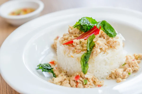 Poulet frit épicé au basilic et riz — Photo