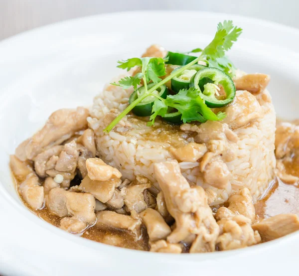 Chicken with brown sauce on rice — Stock Photo, Image