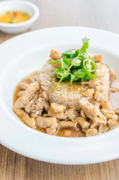 Chicken with brown sauce on rice — Stock Photo, Image